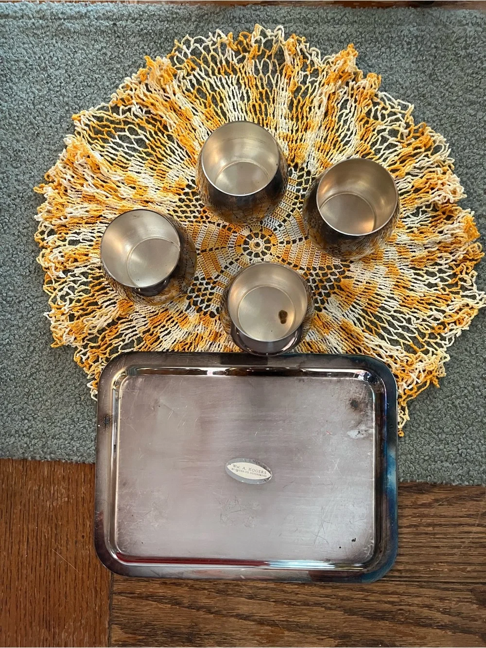 Vintage 1970’s Onedia Silver Plated Serving Tray Set 4 Roly Poly Cups
